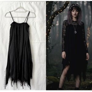 Sueded Black Lace High Slit Tunic Handkerchief Hem Whimsigoth 90s - medium